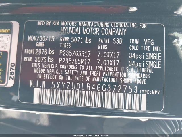 45276230 :رقم المزاد ، 5XYZUDLB4GG372753 vin ، 2016 Hyundai Santa Fe Sport 2.4l مزاد بيع