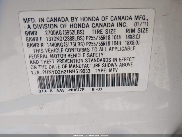 Aukcja sprzedaży 2011 Acura Mdx, vin: 2HNYD2H21BH519933, numer aukcji: 45276232
