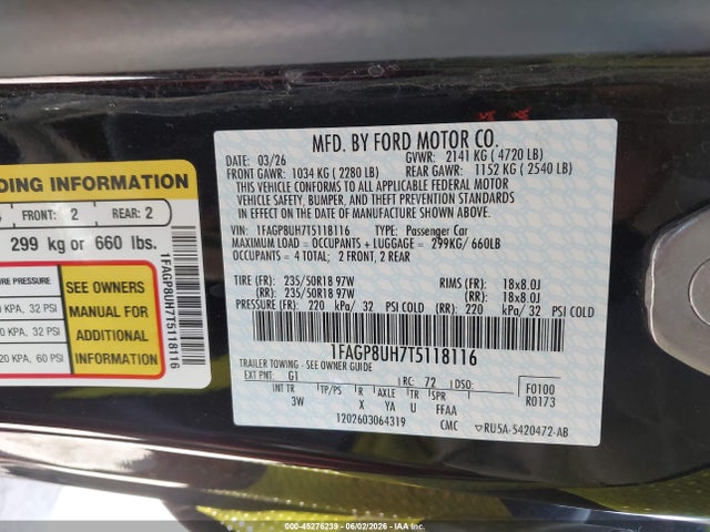 Aukcja sprzedaży 2026 Ford Mustang Ecoboost Premium, vin: 1FAGP8UH7T5118116, numer aukcji: 45276239