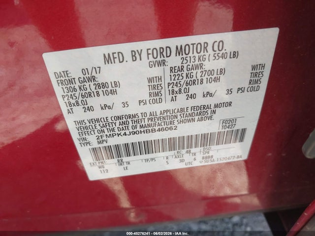 Aukcja sprzedaży 2017 Ford Edge Sel, vin: 2FMPK4J90HBB46062, numer aukcji: 45276241