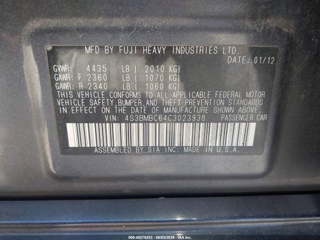 2012 Subaru Legacy 2.5i Premium მანქანა იყიდება აუქციონზე, vin: 4S3BMBC64C3023938, აუქციონის ნომერი: 45276252