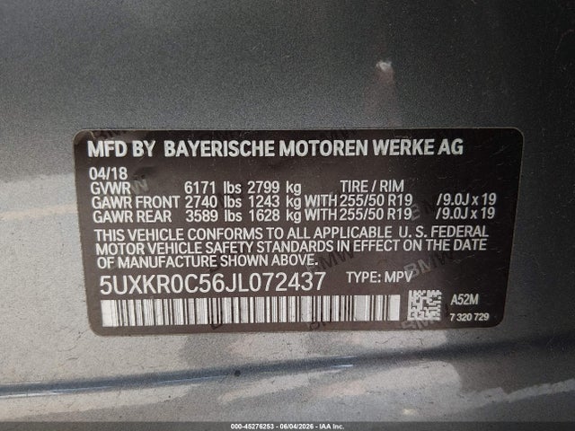 Aukcja sprzedaży 2018 Bmw X5 Xdrive35i, vin: 5UXKR0C56JL072437, numer aukcji: 45276253