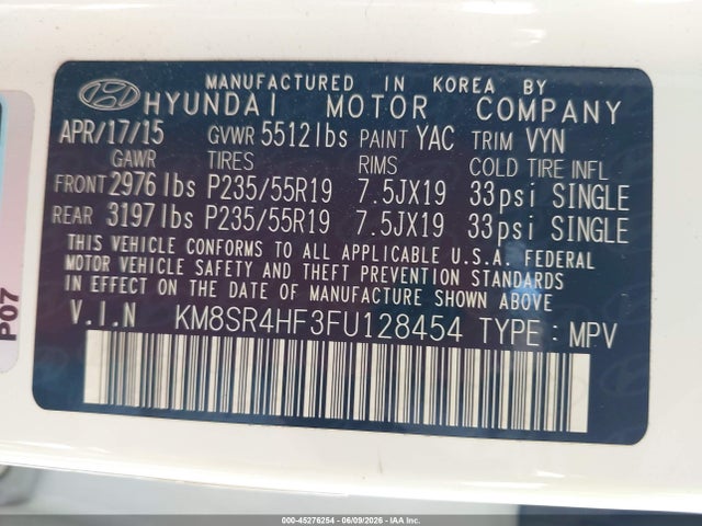 Aukcja sprzedaży 2015 Hyundai Santa Fe Limited, vin: KM8SR4HF3FU128454, numer aukcji: 45276254