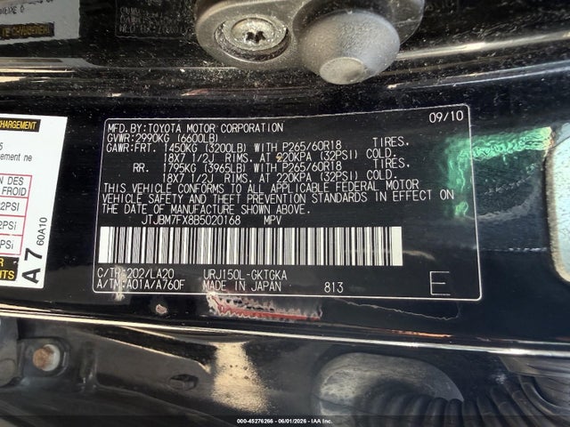 45276266 :رقم المزاد ، JTJBM7FX8B5020168 vin ، 2011 Lexus Gx 460 مزاد بيع