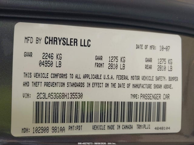 Aukcja sprzedaży 2008 Chrysler 300 Touring, vin: 2C3LA53G68H135530, numer aukcji: 45276273
