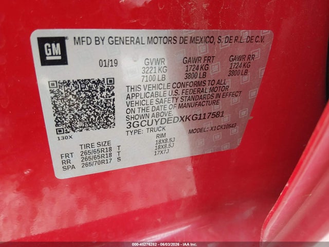 Aukcja sprzedaży 2019 Chevrolet Silverado 1500 Lt, vin: 3GCUYDEDXKG117581, numer aukcji: 45276282