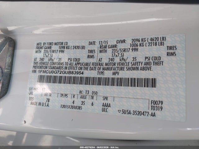 Aukcja sprzedaży 2016 Ford Escape Se, vin: 1FMCU0G72GUB83954, numer aukcji: 45276284
