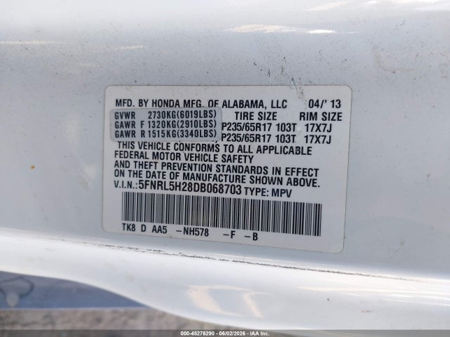 Aukcja sprzedaży 2013 Honda Odyssey Lx, vin: 5FNRL5H28DB068703, numer aukcji: 45276290