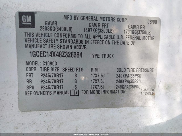 Aukcja sprzedaży 2008 Chevrolet Silverado 1500 Work Truck, vin: 1GCEC14X48Z326384, numer aukcji: 45276292