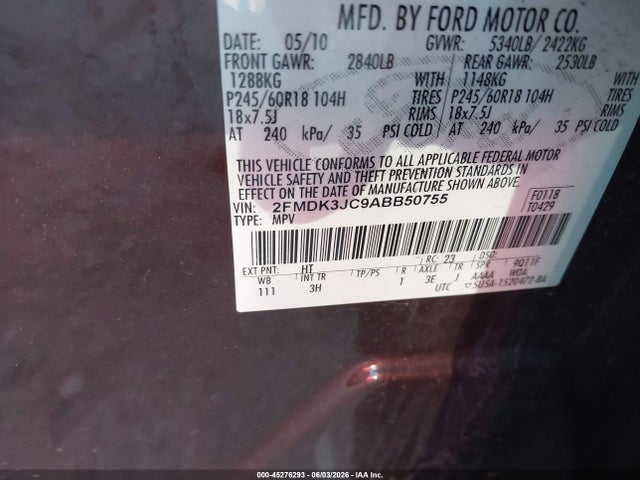 Продажа на аукционе авто 2010 Ford Edge Sel, vin: 2FMDK3JC9ABB50755, номер лота: 45276293