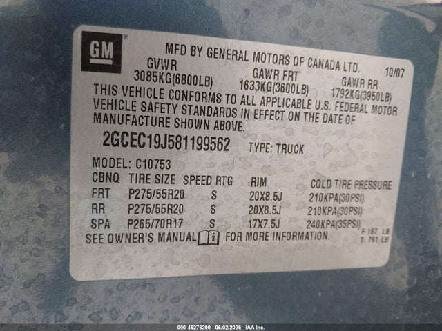 Aukcja sprzedaży 2008 Chevrolet Silverado 1500 Lt2, vin: 2GCEC19J581199562, numer aukcji: 45276299