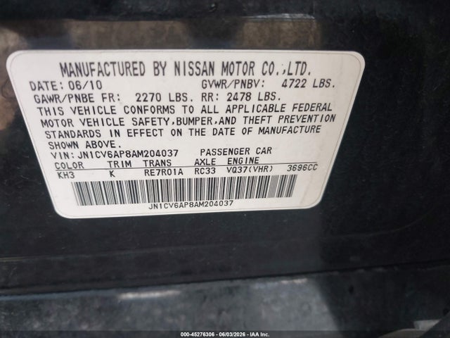 45276306 :رقم المزاد ، JN1CV6AP8AM204037 vin ، 2010 Infiniti G37 Journey مزاد بيع