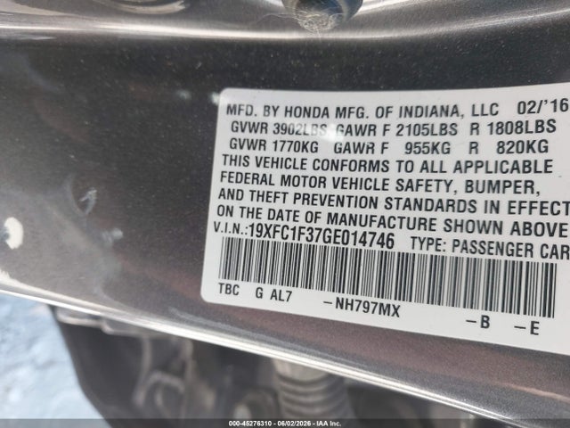 Aukcja sprzedaży 2016 Honda Civic Ex-t, vin: 19XFC1F37GE014746, numer aukcji: 45276310