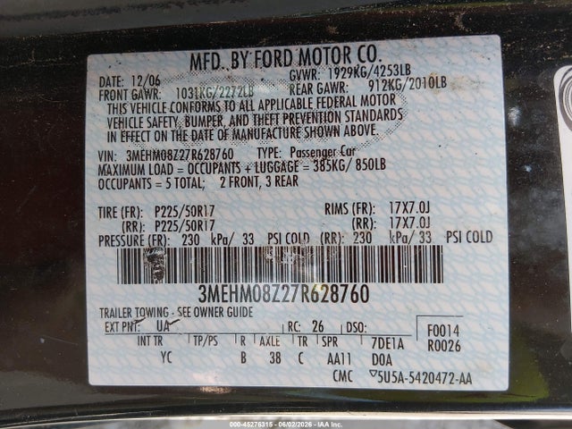 Aukcja sprzedaży 2007 Mercury Milan I4 Premier, vin: 3MEHM08Z27R628760, numer aukcji: 45276315