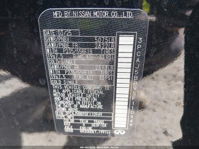 Продаж на аукціоні авто 2025 Infiniti Qx50 Luxe Awd, vin: 3PCAJ5BB9SF110949, номер лоту: 45276325