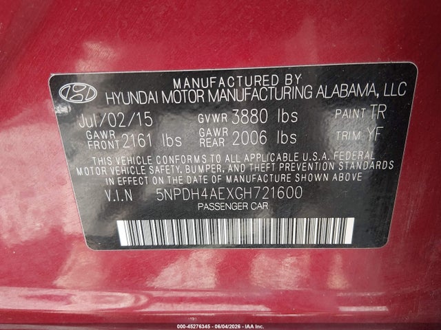 5NPDH4AEXGH721600 Hyundai ELANTRA SE
