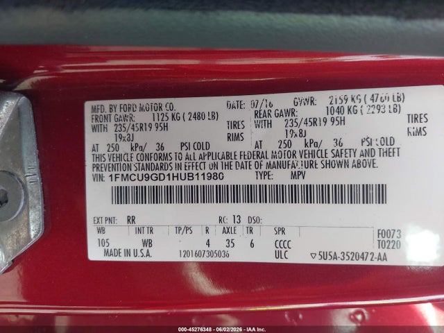 45276348 :رقم المزاد ، 1FMCU9GD1HUB11980 vin ، 2017 Ford Escape Se مزاد بيع