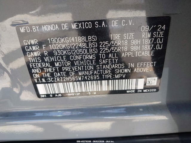 3CZRZ2H56SM742695 Honda Hr-v Awd Sport