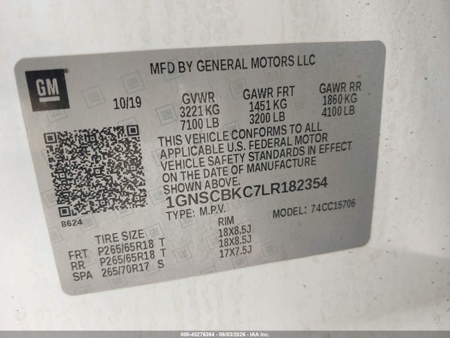 2020 Chevrolet Tahoe 2wd Lt მანქანა იყიდება აუქციონზე, vin: 1GNSCBKC7LR182354, აუქციონის ნომერი: 45276364