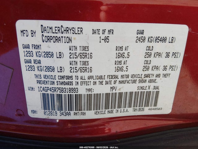 2005 Chrysler Town & Country მანქანა იყიდება აუქციონზე, vin: 1C4GP45R75B318993, აუქციონის ნომერი: 45276369