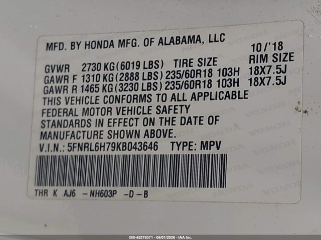45276371 :رقم المزاد ، 5FNRL6H79KB043646 vin ، 2019 Honda Odyssey Ex-l مزاد بيع