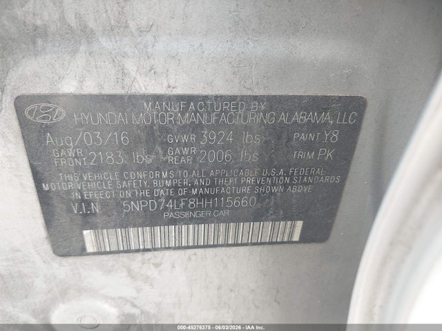 Продажа на аукционе авто 2017 Hyundai Elantra Se, vin: 5NPD74LF8HH115660, номер лота: 45276375