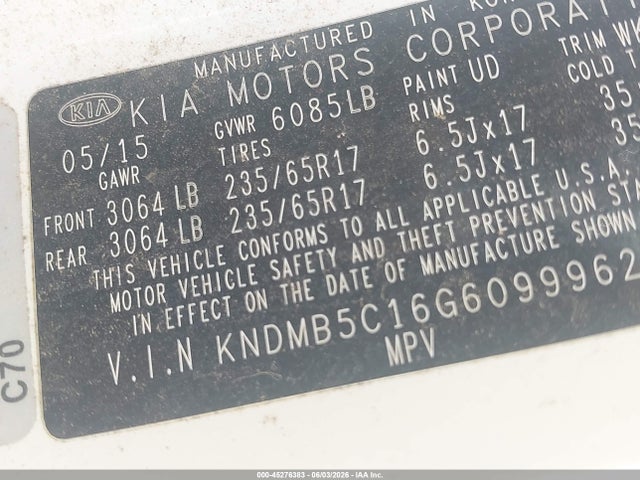 Продажа на аукционе авто 2016 Kia Sedona Lx, vin: KNDMB5C16G6099962, номер лота: 45276383