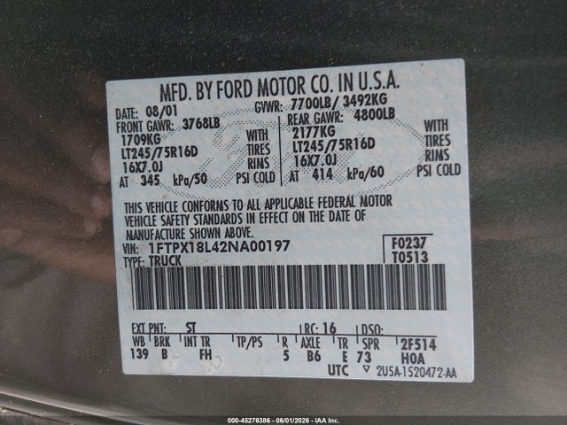 Aukcja sprzedaży 2002 Ford F-150 Lariat/xl/xlt, vin: 1FTPX18L42NA00197, numer aukcji: 45276386