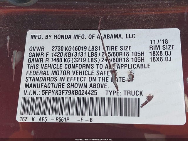 5FPYK3F79KB024425 Honda Ridgeline Rtl-e