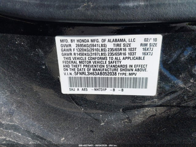 Aukcja sprzedaży 2010 Honda Odyssey Ex-l, vin: 5FNRL3H63AB052038, numer aukcji: 45276401