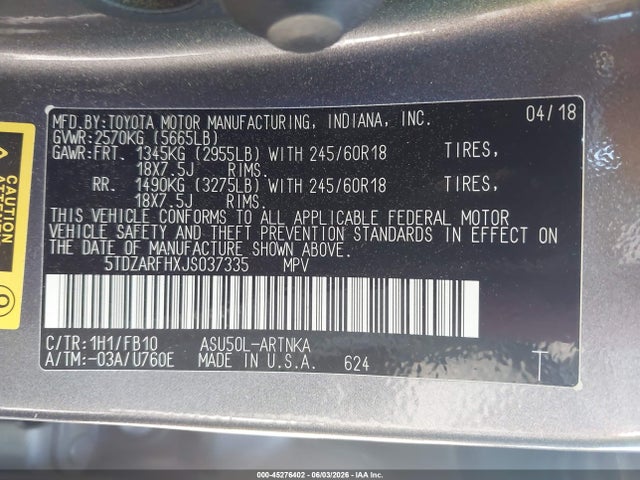 Продажа на аукционе авто 2018 Toyota Highlander Le, vin: 5TDZARFHXJS037335, номер лота: 45276402