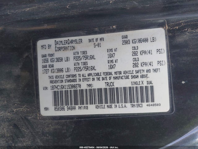 Продажа на аукционе авто 2001 Dodge Ram 1500 St/ws, vin: 1B7HC16X11S300270, номер лота: 45276404