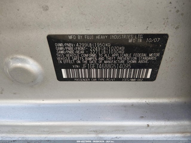 Aukcja sprzedaży 2008 Subaru Impreza  (natl) Wrx, vin: JF1GE74688G514095, numer aukcji: 45276406
