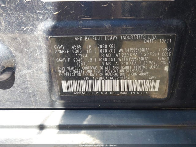 Aukcja sprzedaży 2012 Subaru Outback 2.5i, vin: 4S4BRCAC6C3212764, numer aukcji: 45276410