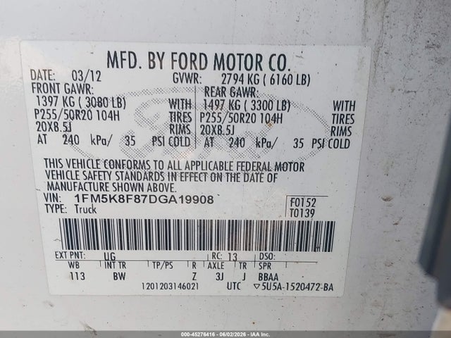 2013 Ford Explorer Limited მანქანა იყიდება აუქციონზე, vin: 1FM5K8F87DGA19908, აუქციონის ნომერი: 45276416