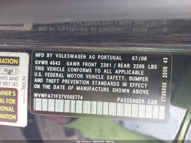 45276422 :رقم المزاد ، WVWFA71F37V005774 vin ، 2007 Volkswagen Eos 2.0t مزاد بيع