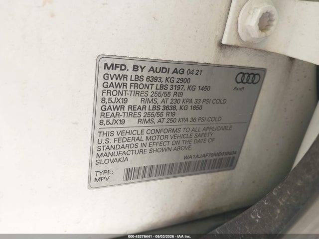 45276441 :رقم المزاد ، WA1AJAF70MD038834 vin ، 2021 Audi Q7 Premium 45 Tfsi Quattro Tiptronic مزاد بيع