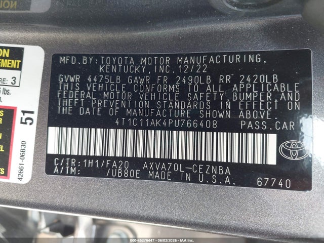 45276447 :رقم المزاد ، 4T1C11AK4PU766408 vin ، 2023 Toyota Camry Le مزاد بيع