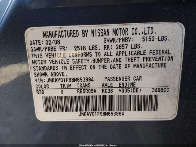 45276454 :رقم المزاد ، JNKAY01F98M653994 vin ، 2008 Infiniti M35x مزاد بيع