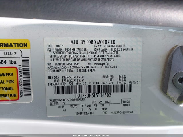 Продажа на аукционе авто 2020 Ford Mustang Ecoboost Premium, vin: 1FATP8UH5L5114502, номер лота: 45276456