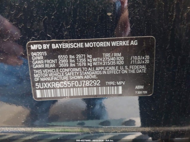 Aukcja sprzedaży 2015 Bmw X5 Xdrive50i, vin: 5UXKR6C55F0J78292, numer aukcji: 45276469