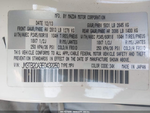Aukcja sprzedaży 2014 Mazda Cx-9 Touring, vin: JM3TB2CA3E0432250, numer aukcji: 45276489