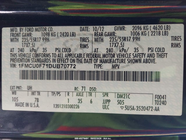 45276491 :رقم المزاد ، 1FMCU0F71DUB70772 vin ، 2013 Ford Escape S مزاد بيع