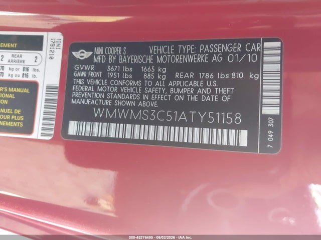 45276495 :رقم المزاد ، WMWMS3C51ATY51158 vin ، 2010 Mini Cooper S مزاد بيع