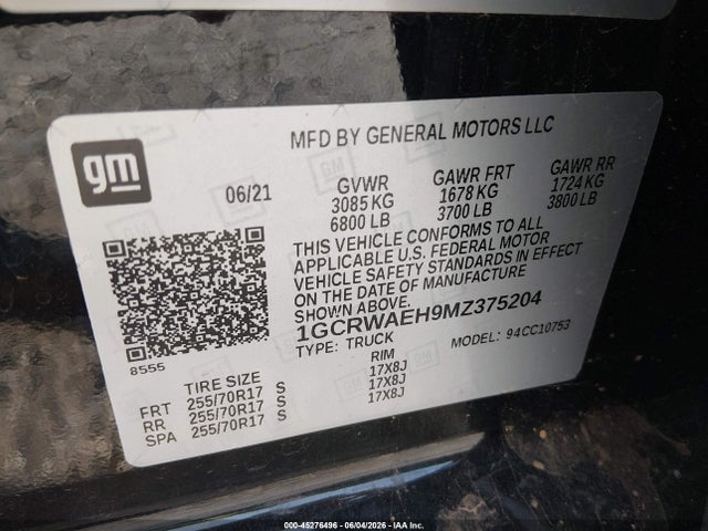 Продаж на аукціоні авто 2021 Chevrolet Silverado 1500 2wd  Standard Bed Wt, vin: 1GCRWAEH9MZ375204, номер лоту: 45276496