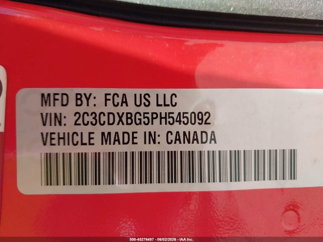 45276497 :رقم المزاد ، 2C3CDXBG5PH545092 vin ، 2023 Dodge Charger Sxt مزاد بيع