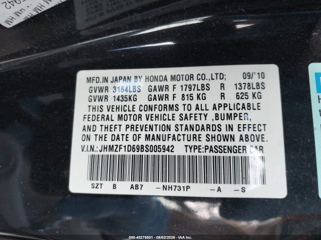 Aukcja sprzedaży 2011 Honda Cr-z Ex, vin: JHMZF1D69BS005942, numer aukcji: 45276501
