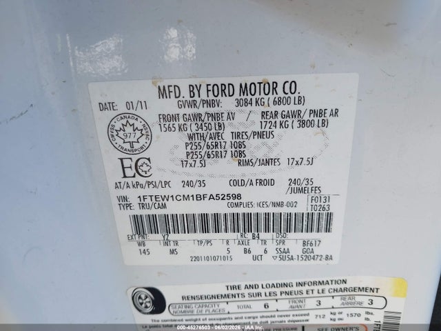 Auction sale of the 2011 Ford F150 Supercrew, vin: 1FTEW1CM1BFA52598, lot number: 45276503
