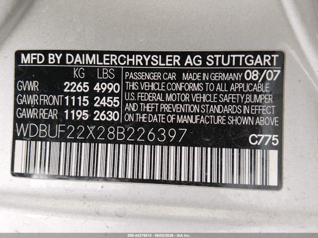 Aukcja sprzedaży 2008 Mercedes-benz E 320 Bluetec, vin: WDBUF22X28B226397, numer aukcji: 45276510