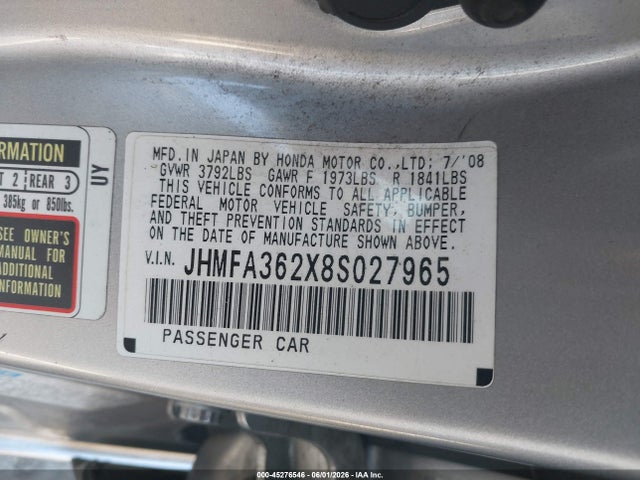 45276546 :رقم المزاد ، JHMFA362X8S027965 vin ، 2008 Honda Civic Hybrid مزاد بيع